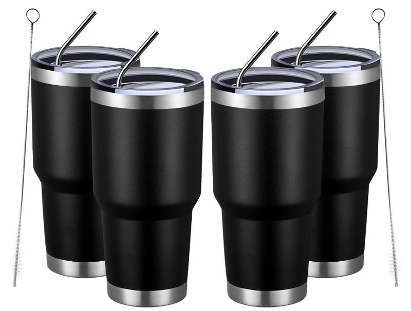 MEWAY 30oz Insulated Tumbler With Lids and Straws,Stainless Steel Double Vacuum Coffee Tumbler Cup, Brush, Durable Powder Coated Coffee Cup for Cold & Hot Drinks, Office, Travel(Black,4 PACK) - Image 1